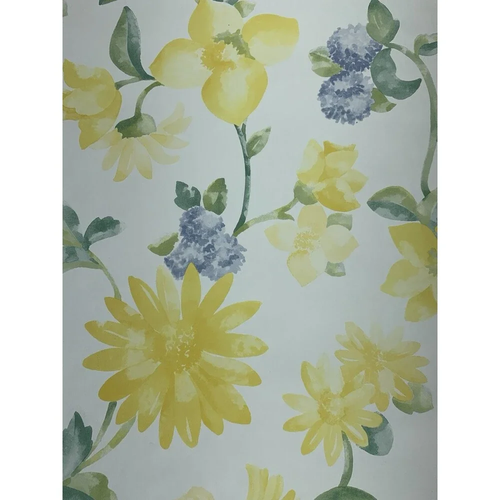 Vintage Wallpaper Floral Yellow Flowers on White Background.